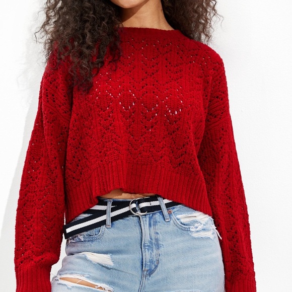 American Eagle Outfitters Sweaters - ❤️AE Cropped Pointelle Crewneck Sweater Red Small Valentines ❤️